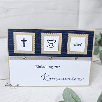 Einladungskarte zur Kommunion in Natur-Dunkelblau - Christlich -Kreuz-Kelch-Fisch